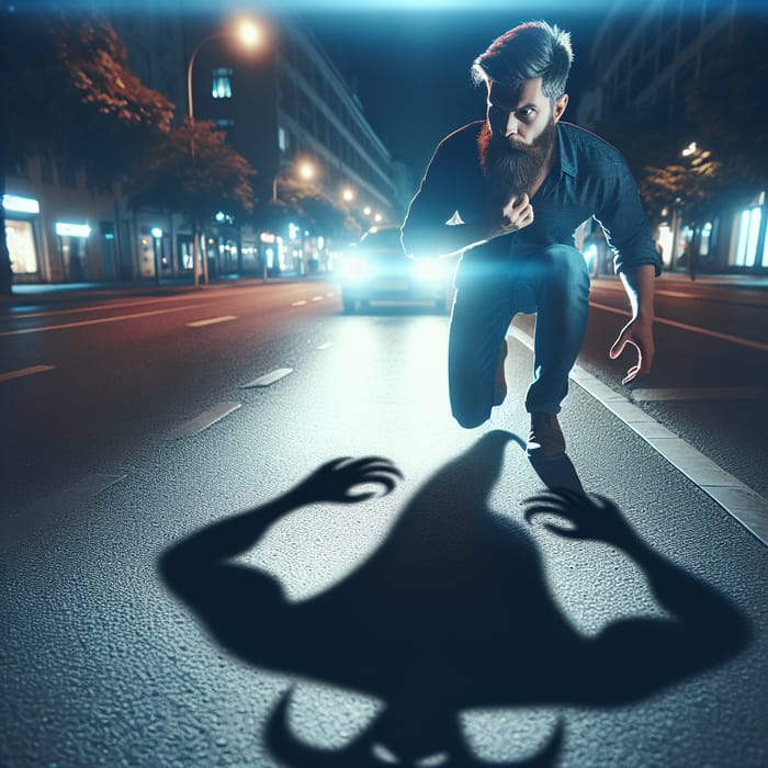 Urban Night Street Scene: Bearded Man Shadow Demon