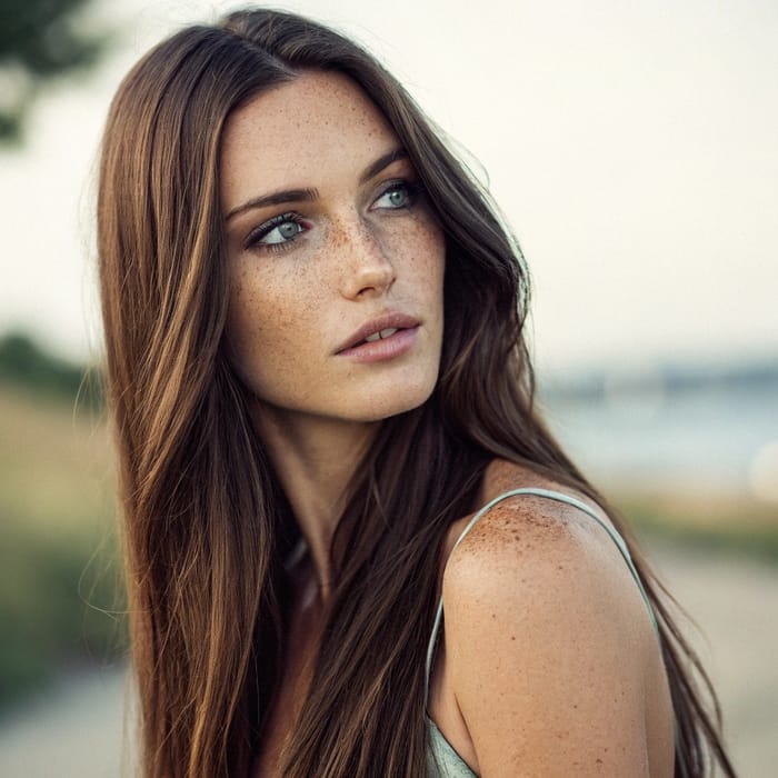 Stunning Tall Woman with Hazel Eyes and Freckles