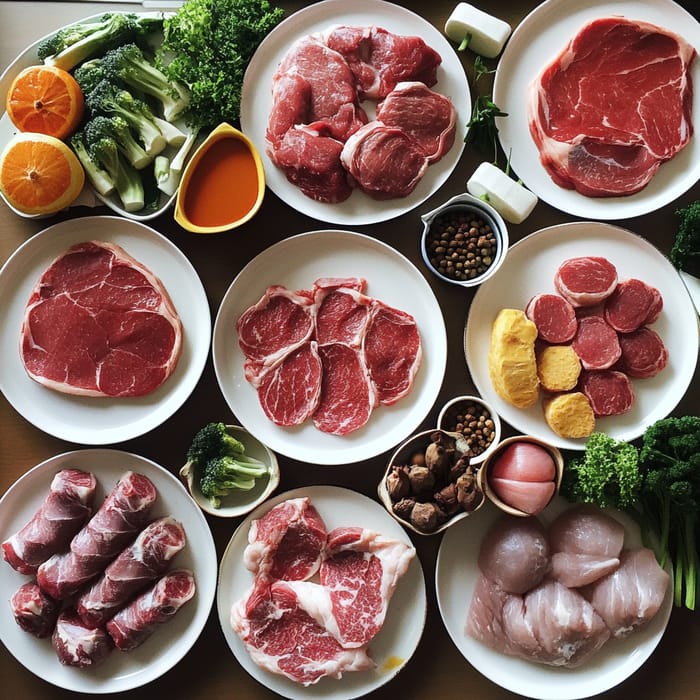 Variety of Raw Meat and Vegetable Plates