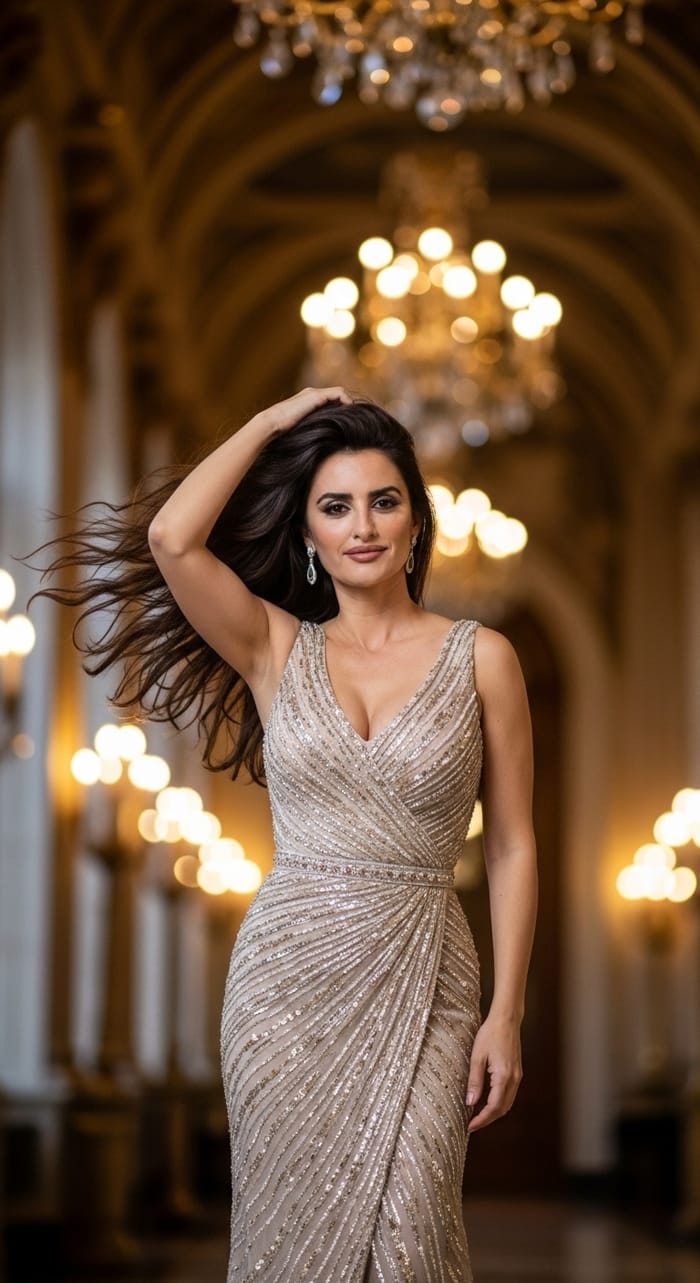 Elegant Mediterranean Beauty in Glamorous Gown Elegant Mediterranean Beauty in Glamorous Gown