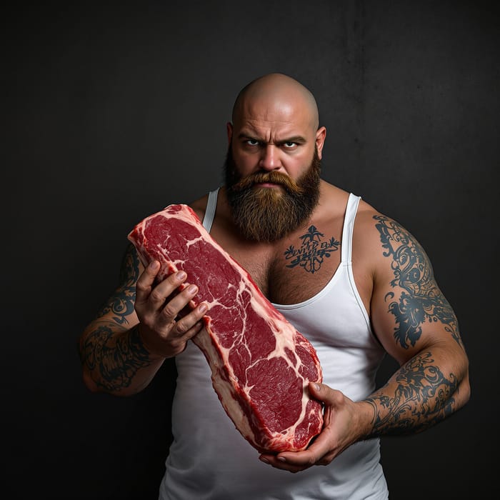 Brutal Man Holding Juicy Raw Beef - Strong & Muscular