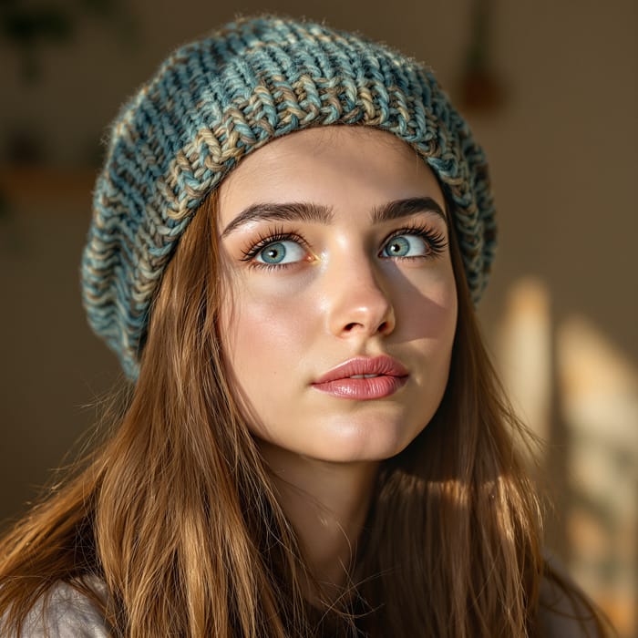 Thoughtful Young Woman in Knitted Beret Portrait