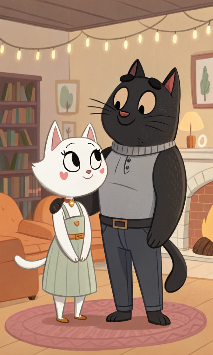 Cozy Cartoon Cat Couple in Homey Setting