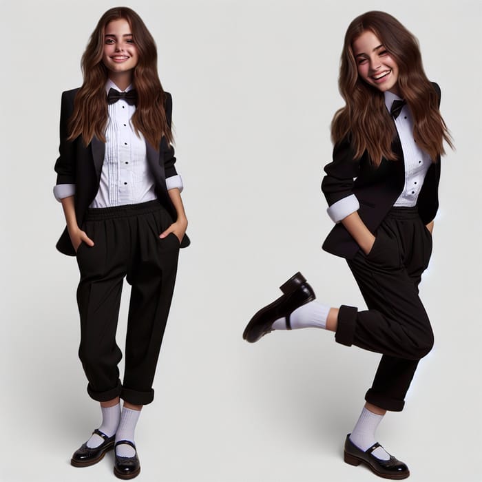 Joyful Woman in Tuxedo with Mary Jane Shoes