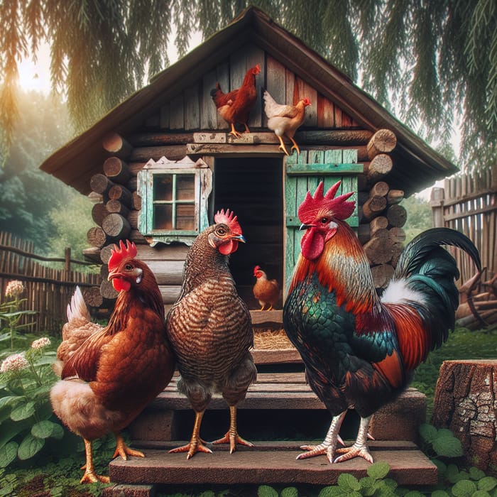 2 Hens and 1 Rooster at Wooden Chicken Coop | Cozy Countryside Scene