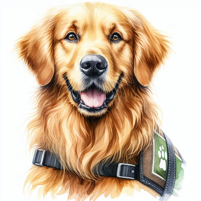 Watercolor Golden Retriever Therapy Dog Black Green Vest