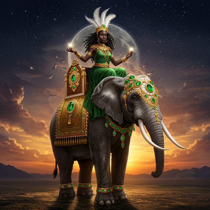 Majestic Black Queen on Elephant in a New World