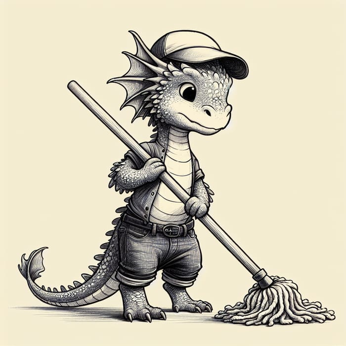 Cute Dragon in Clothes Mopping Illustration