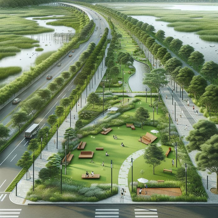 Tranquil Linear Park at Wetland's Edge | Green Spaces & Seating