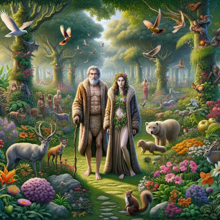 Adam and Eve in Garden of Eden: Lush Greenery & Wildlife