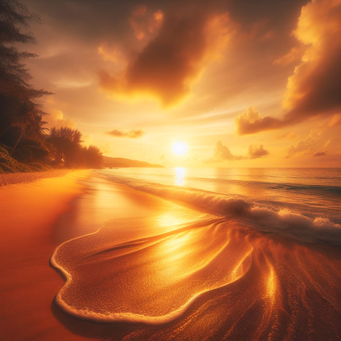 Tranquil Sunset Beach Scene with Golden Hues, Gentle Waves, and Nature's Beauty