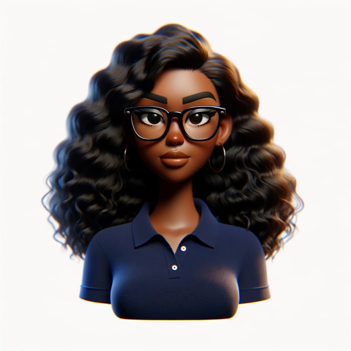 Stylized 3D Animation of Black Woman in Pixelated Style with Waist-Length Curly Hair & Rectangular Black Glasses