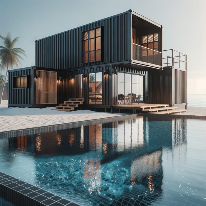 Modern Black Container House with Wooden Details and Pool on White Sandy Beach