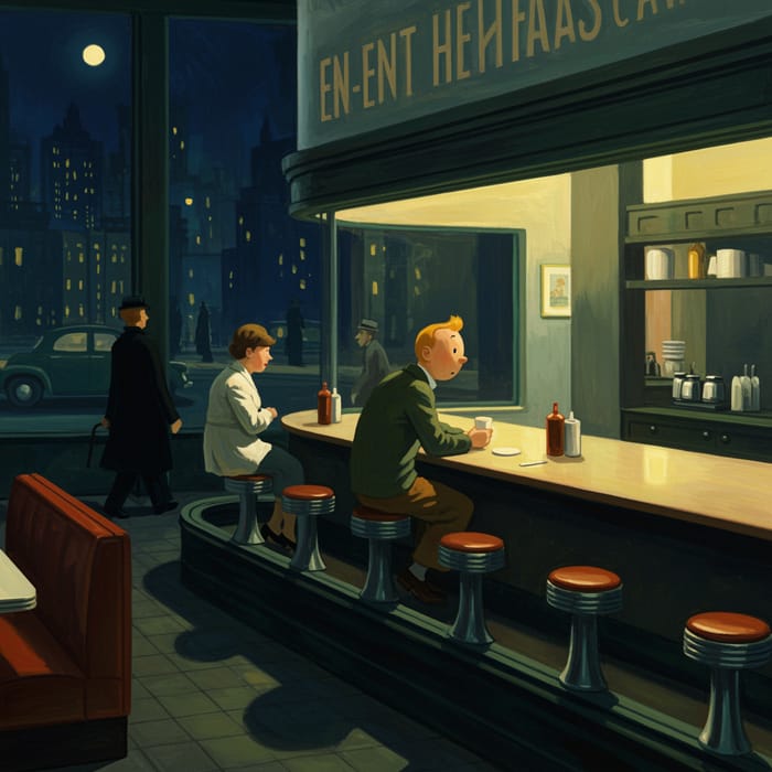 Tintin in Hoppers Nighthawks Painting