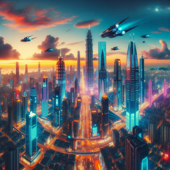 Futuristic Cyberpunk Cityscape at Sunset | Vibrant Neon Metropolis View