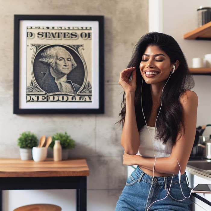 Cosy Kitchen with Smiling Lady, Music, and Dollar Bill Wall Decor