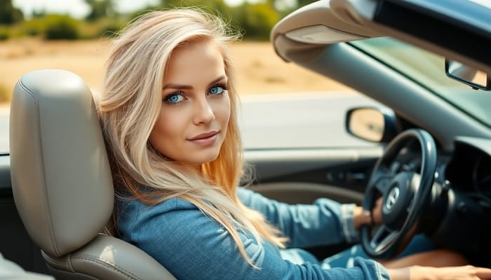 Blonde Woman Driving Convertible Car