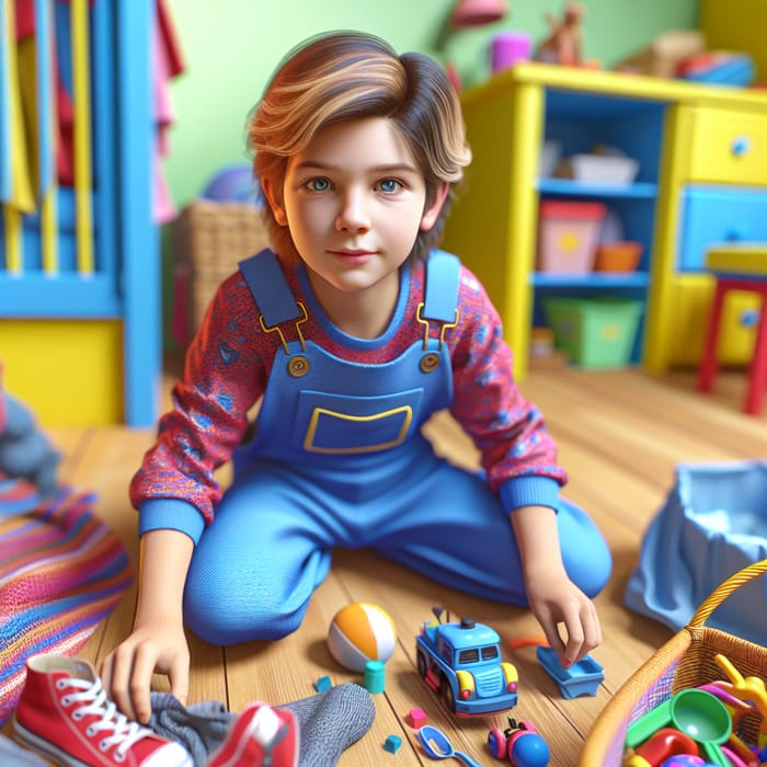 Curious 8-Year-Old Boy in Colorful Room