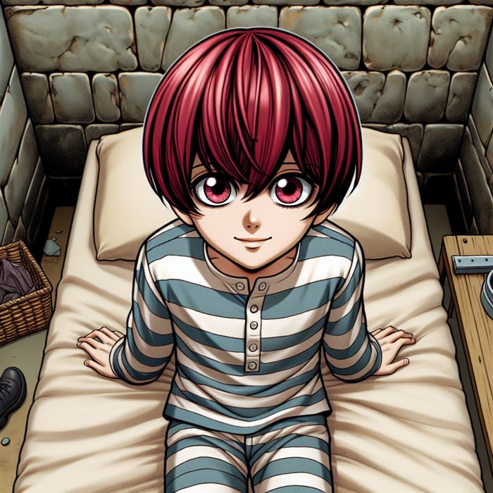 Anime Style Young Boy in Prison: Scarlet Hair Illustration