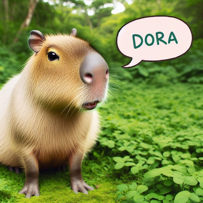 Capybara Saying 'Dora' in a Lush Green Setting