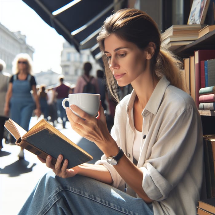 Middle-Aged Woman Drinking Coffee Outdoors