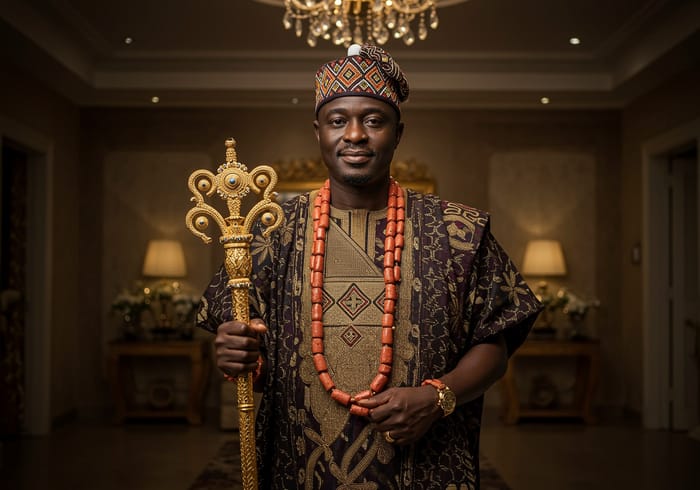 Rich Igbo Man in Traditional Attire with Golden Staff Rich Igbo Man in Traditional Attire with Golden Staff