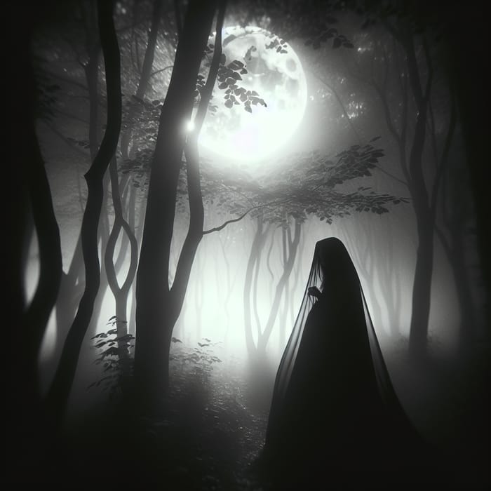 Mysterious Cloaked Figure in Moonlit Forest