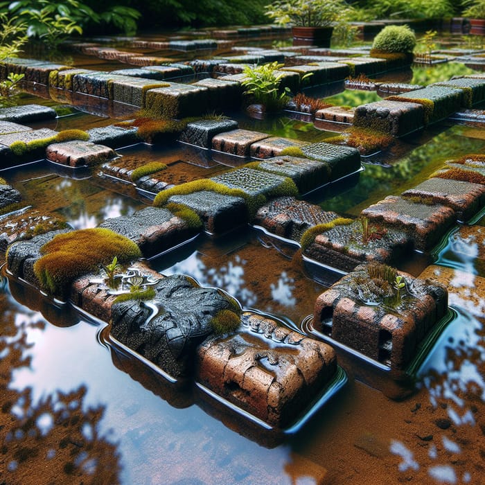 Close Up Flooded Garden with Rising Water on Brickwork