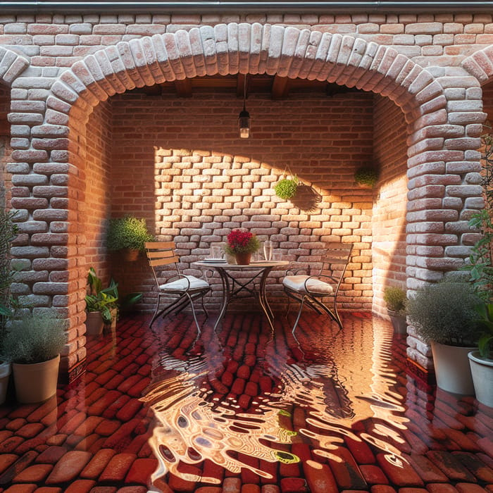 Captivating Patio Design with Rising Water and Charming Brickwork