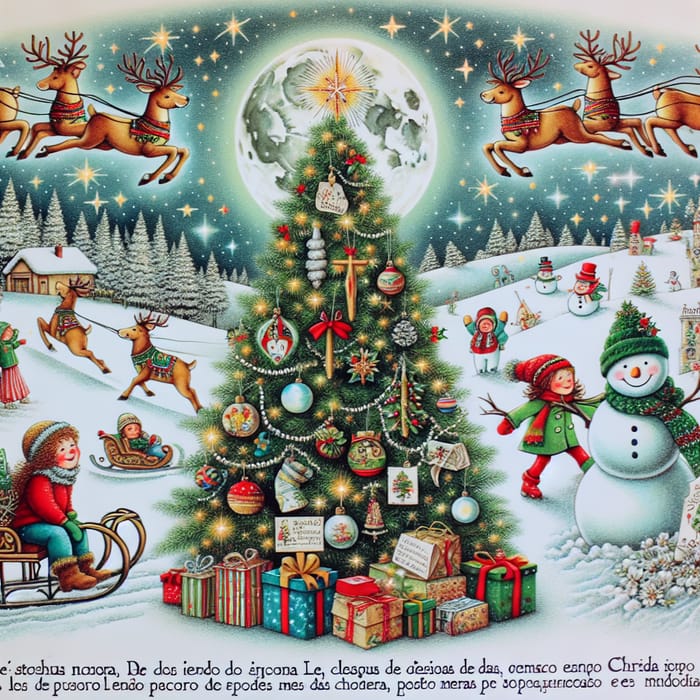 Festive Christmas Scene with Snowman, Reindeer & Joyful Ornaments