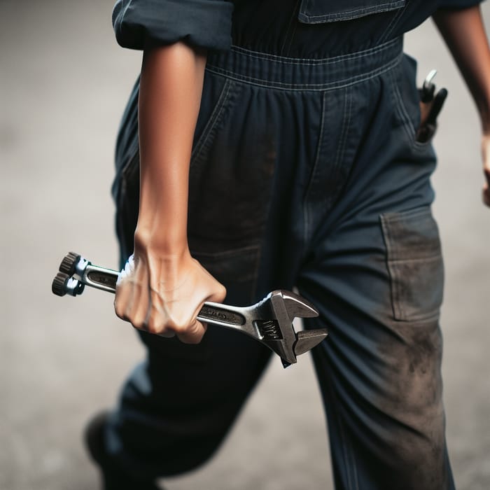 South Asian Woman Walking with High-Extended Arm and Wrench