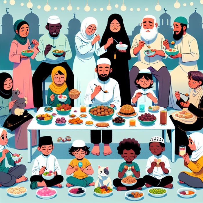 Multi-Cultural Community Feast Outside Mosque with Diverse Individuals