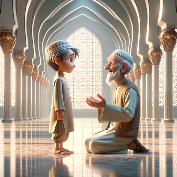 3D Pixar Cartoon: South Asian Boy & Grandfather in Mosque