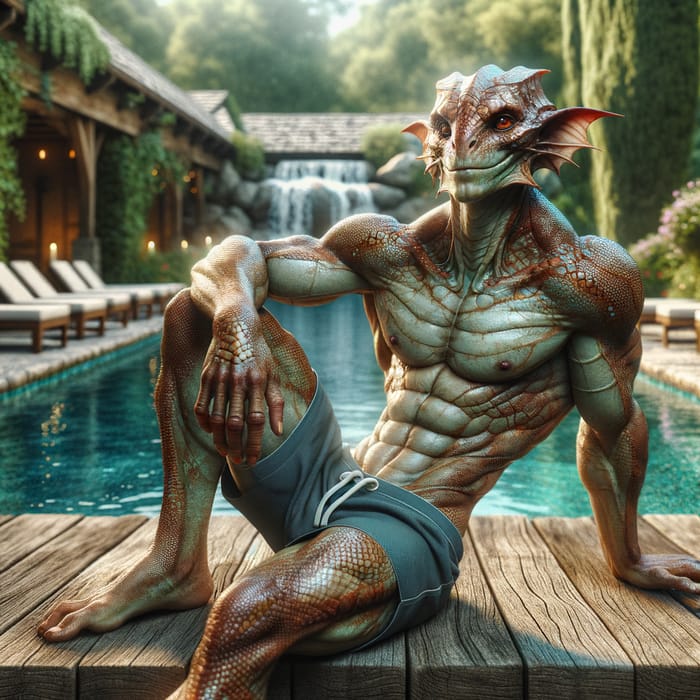 Male Kobold Demi-Human Lounging by Pool