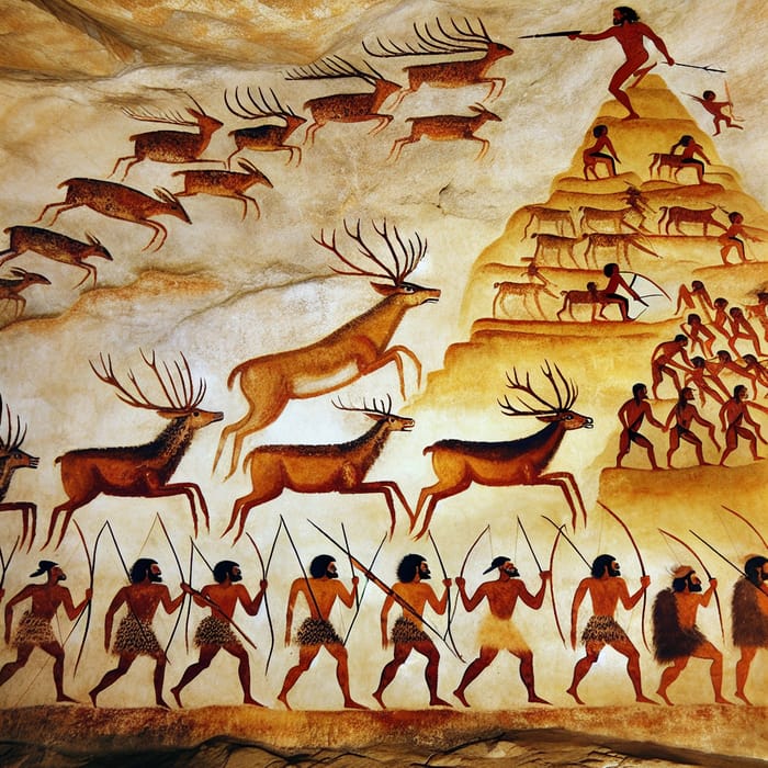 Ancient Cave Painting depicting Seasoned Hunter and Group hunting Deer