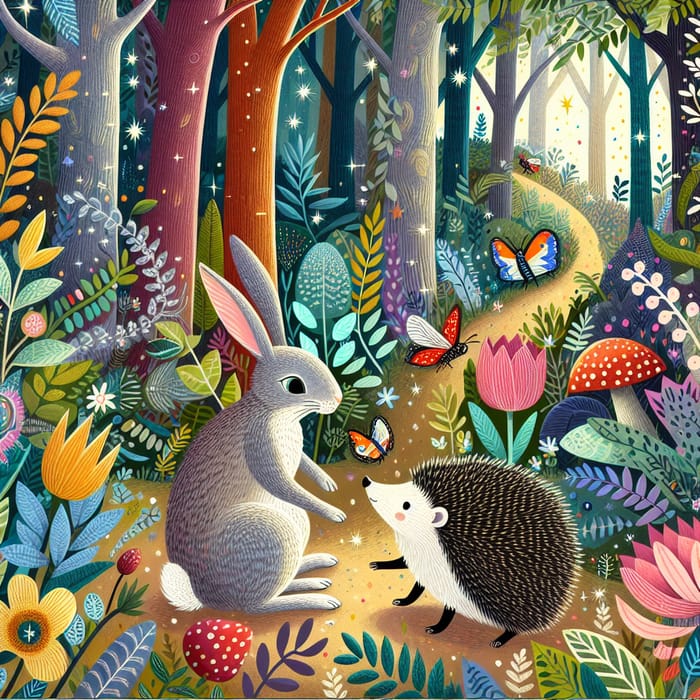 Adorable Rabbit and Hedgehog in Enchanting Forest Scene