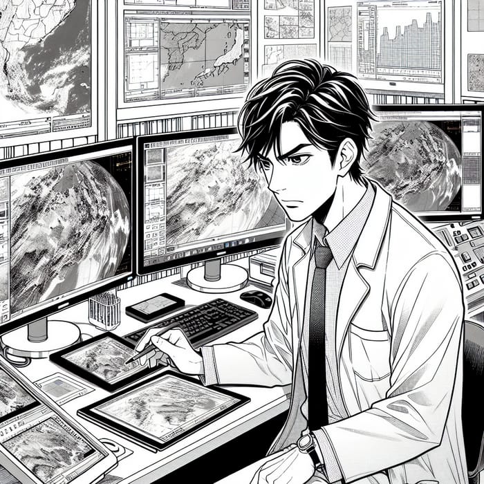 Manga Illustration of Asian Male Postdoc in Remote Sensing