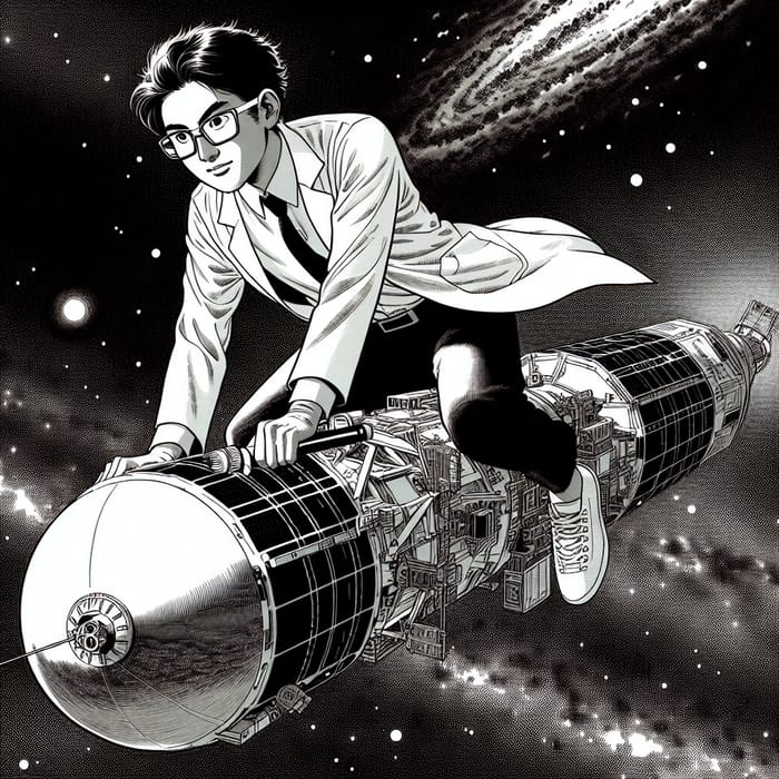 Gender-Neutral Researcher Riding Satellite in Space - Manga Style