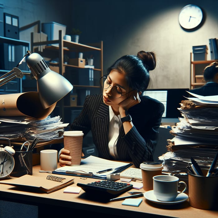 Tired Female Secretary in Evening Office Scene