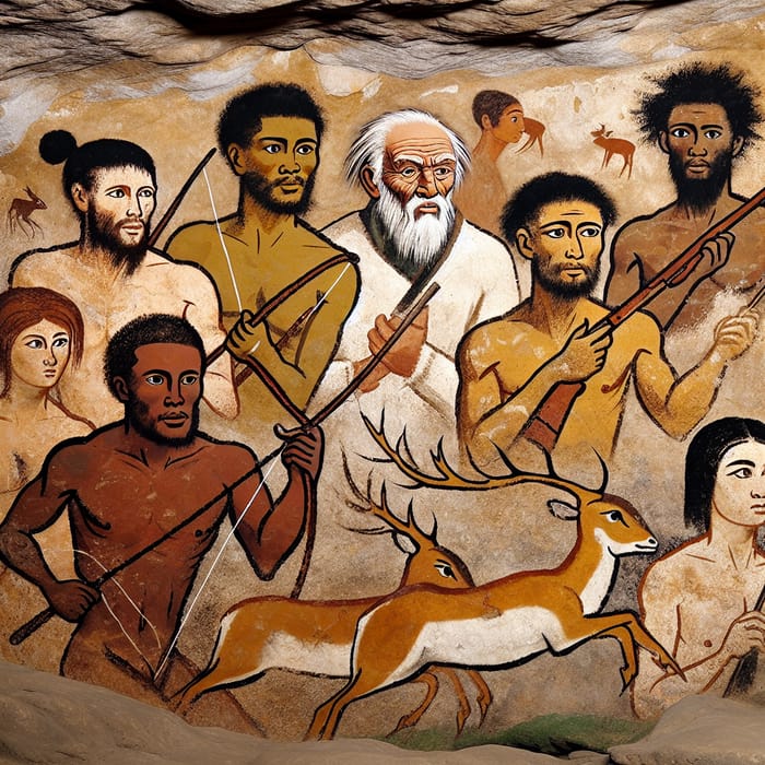 Older Hunter and Students in Cave Painting Hunting Deer