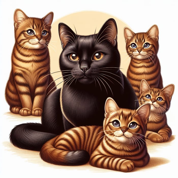 Black Cat and Four Brown Cats with Soft Stripes - Cozy Feline Gathering