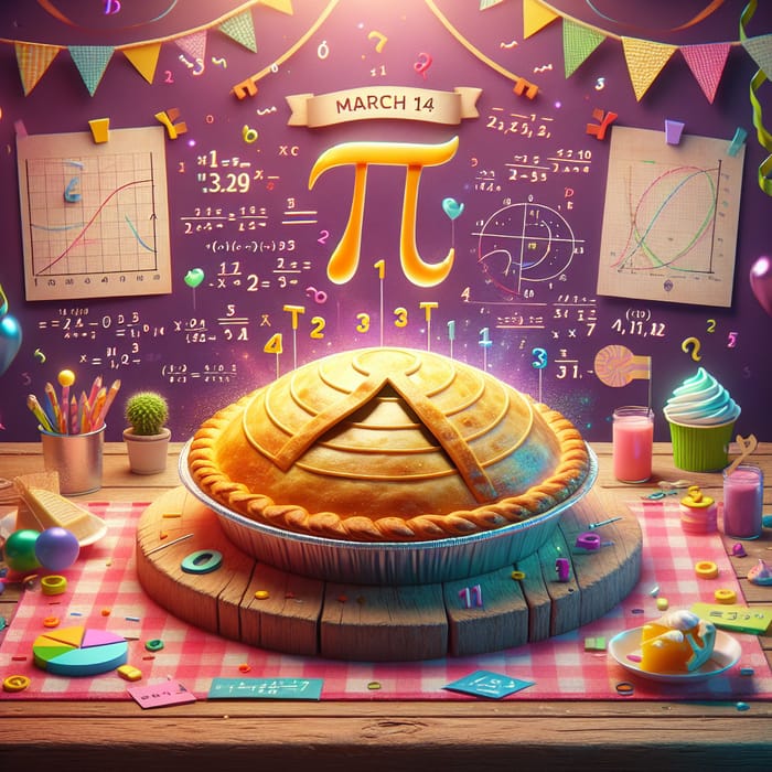 Fun Pi Day Illustration with Symbolic Pie and Mathematical Decor