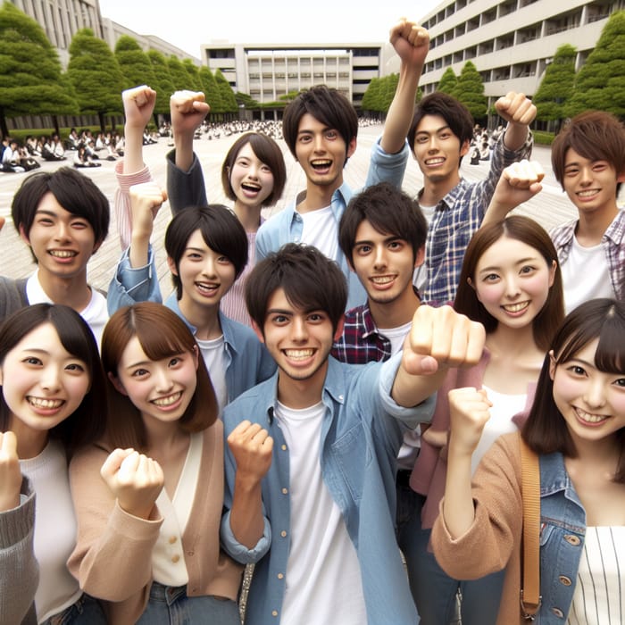 Excited Japanese College Students Celebrating with Victory Pose