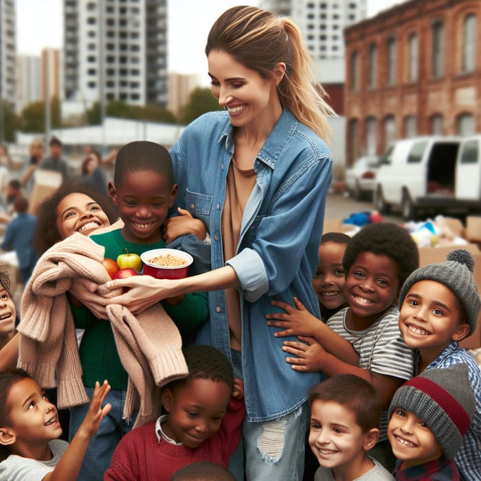 Social Worker Providing Food and Clothes to Happy Underprivileged Children