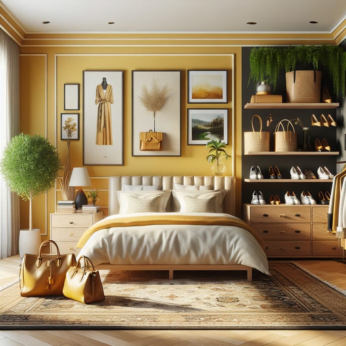 Vibrant Yellow Bedroom: Hermes Homewares, Bag & Shoe Display