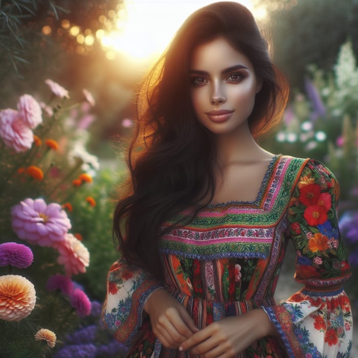 Serene Beauty of a Hispanic Woman in Lush Garden