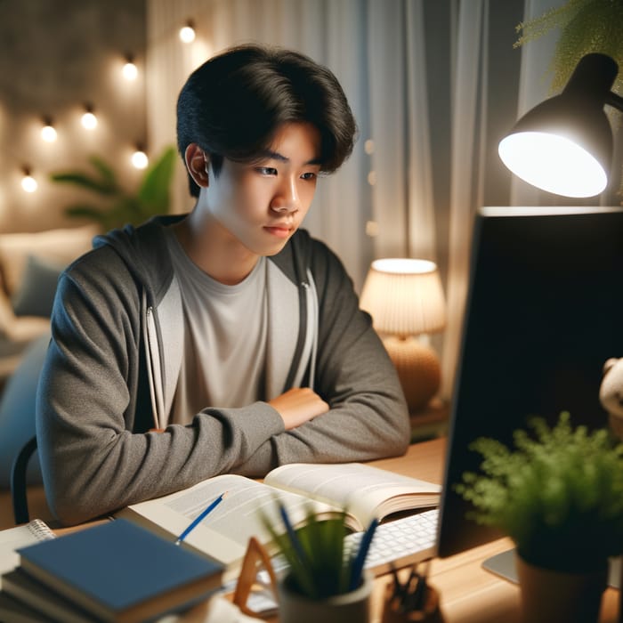 Chill Study Environment: Vietnamese Teen Engrossed in Serene Setting