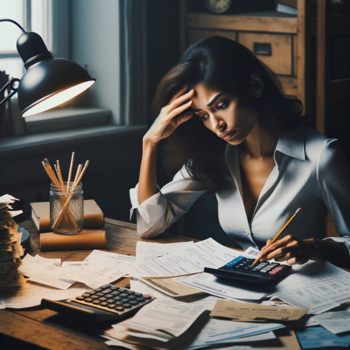 Financial Stress: Concerned South Asian Woman Struggling with Debt