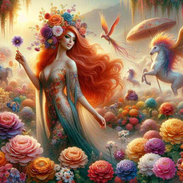 Beautiful Lady with Orange Hair in Enchanted Blooming Garden