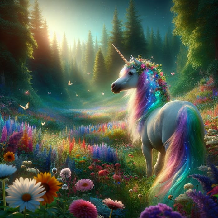 Lush Meadow with Playful Creatures and Young Unicorn